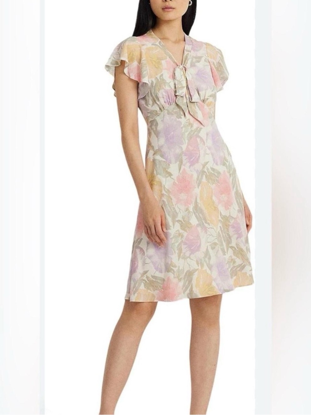 Lauren Ralph Lauren Romantic Floral Bubble Crepe Tie-Neck Dress